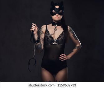 Sexy Woman Wearing Black Lingerie Bdsm Stock Photo 1159632733