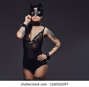 Sexy Woman Wearing Black Lingerie Bdsm Stock Photo