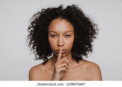 Shirtless Black Woman Showing Silence Gesture Stock Photo 2198073407