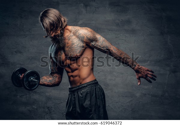 Shirtless Muscular Bearded Male Tattoo On Stock Photo