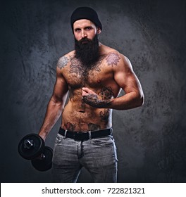 Shirtless Muscular Bearded Male Tattoos On Stock Photo 722821321