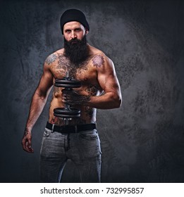 Shirtless Muscular Bearded Male Tattoos On Foto De Stock 732995857