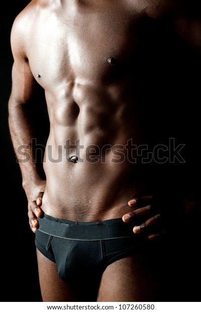 Shirtless Underwear Male Model Posing In Style Hands On Waist Cropped