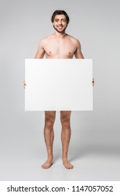 Smiling Handsome Naked Man Holding Blank Stock Photo