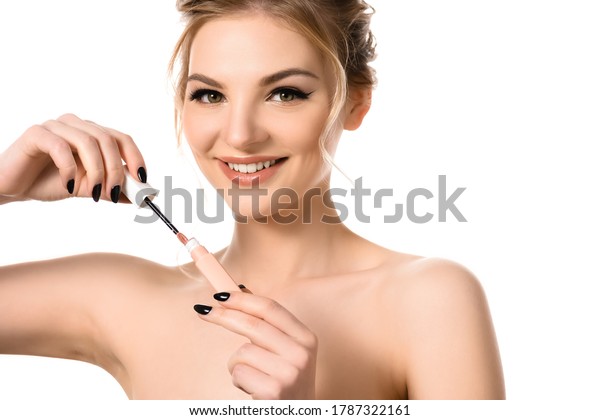 Smiling Naked Beautiful Blonde Woman Makeup Stock Photo