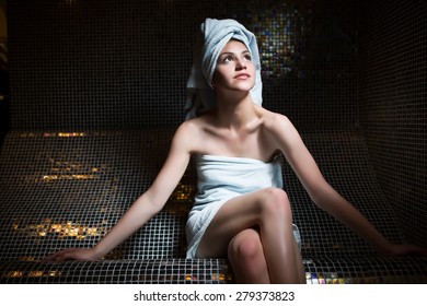 Beautiful Cheerful Nude Woman Wrapped Images Stock Photos