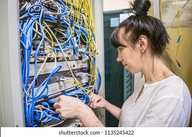 Technician Checking Cables Rack Mounted Server Stock Photo 491243611