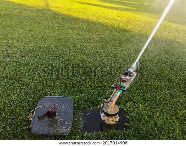 Sprinkler Function Watering Football Field Lawn Stock Photo 2017014908