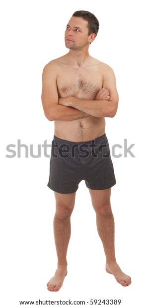 Standing Naked Man Crossed Arms Isolated Stock Photo