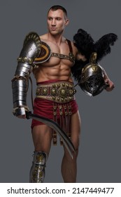 Studio Portrait Gladiator Athlete Naked Torso Stock Photo