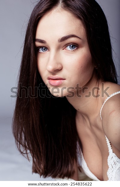 Studio Portrait Sexy Brunette White Lingerie Stock Photo