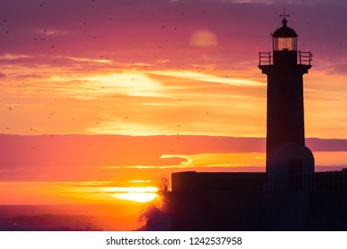 Lighthouse Searchlight Beam Near Ocean Sunset Stock Photo 260452091