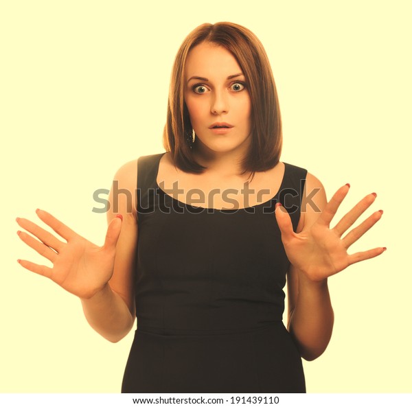 Surprised Excited Brunette Woman Throws His Stock Photo 191439110