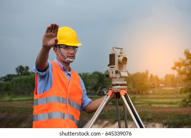 Survey By Theodolite Concept Civil Engineer Foto Stok