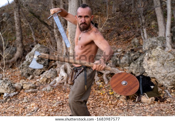 Topless Viking Holding Battle Ax His Stock Photo Shutterstock