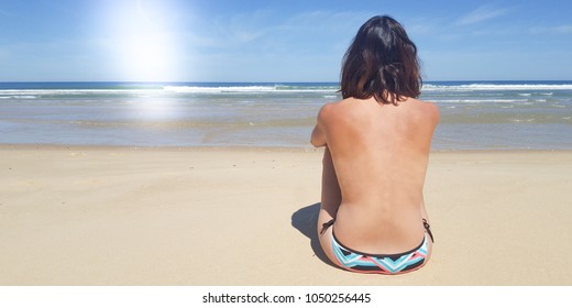 Topless Woman Sit On Sand Beach Stock Photo Shutterstock