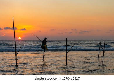 Silhouettes Traditional Fishermen Sunset Sri Lanka Stock Photo Edit