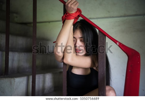 Victim Stressed Woman Hands Tied Red Stock Photo Shutterstock