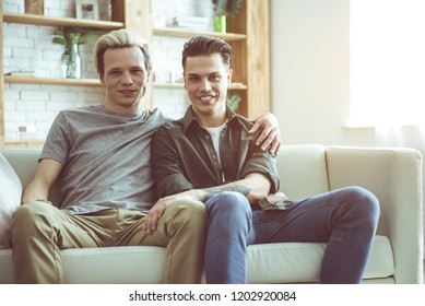 Happy Mature Father Adult Son Drinking Foto Stock 1854552754 Shutterstock