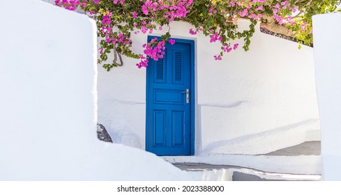 White Cycladic Architecture Blue Door Pink Stock Photo