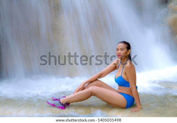 Woman Beautiful Blue Bikini Erawan Waterfall Stock Photo