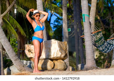 Woman Bikini Blue Sexy Sunshine Morning Stock Photo 1594422076