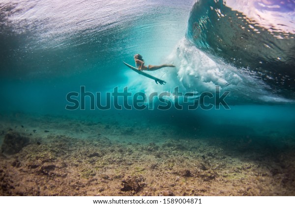 Woman Bikini Doing Duck Dive Surfboard Stock Photo 1589004871