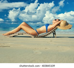 Woman Bikini Lying On Tropical Beach Stock Photo Edit Now