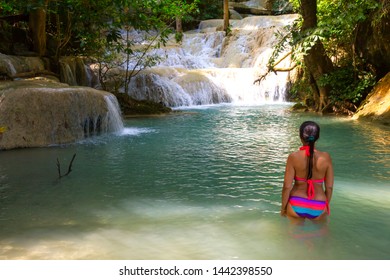 Woman Bikini Pretty Sexy Waterfall Erawan Stock Photo