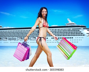 Woman Bikini Shopping Bags Beach Summer Stock Photo