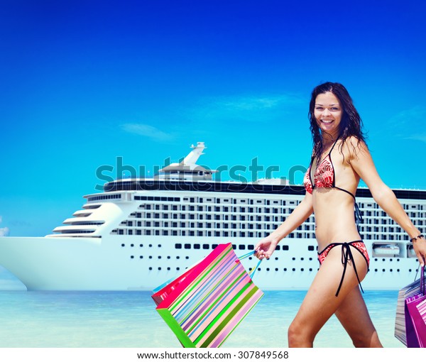 Woman Bikini Shopping Bags Beach Summer Stock Photo