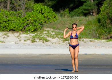 Woman Bikini Crimson Walk On Beach Stock Photo Shutterstock