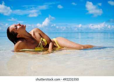 Woman Bikini Sunbathing On Beach Exuma Stock Photo Edit Now