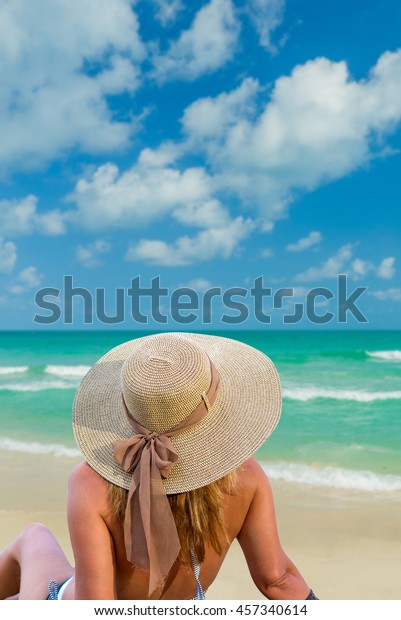 Woman Bikini Sunhat Tropical Beach Stock Photo Shutterstock