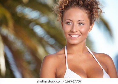 Woman Bikini Under Palm On Sea Stock Photo Shutterstock