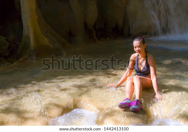 Woman Black Bikini Sit On Waterfall Stock Photo Shutterstock