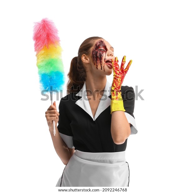 Woman Dressed Halloween Chambermaid Bloodstained Rubber Stock Photo