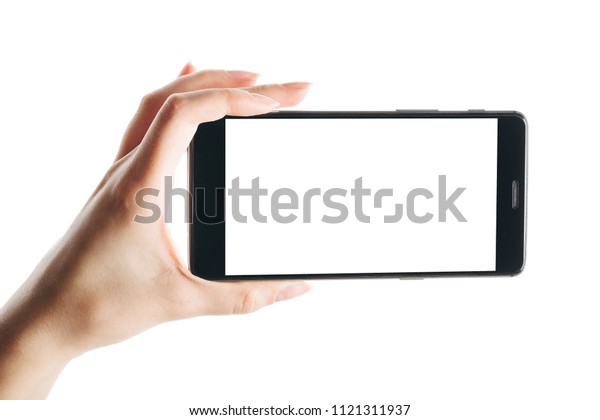 Woman Hand Holds Smartphone Isolated On Stock Photo Edit Now 1121311937