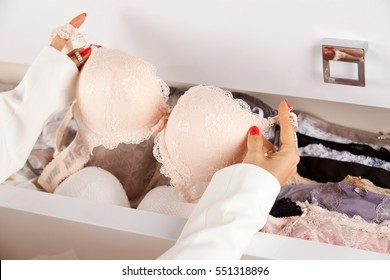 Woman Hands Choosing Lingerie Drawers Filled Stock Photo 551318896