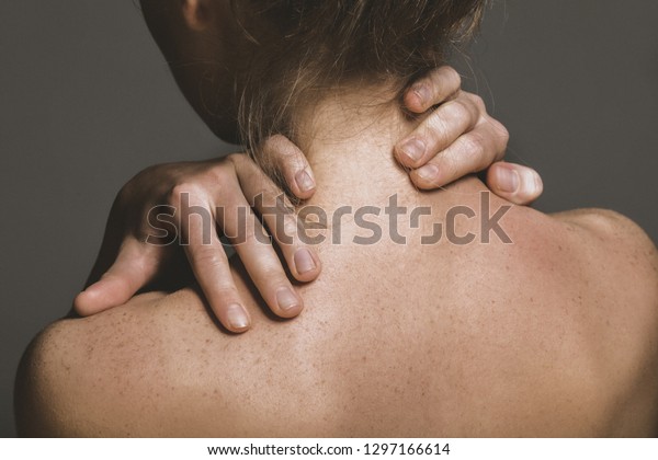 Woman Massaging Her Neck Suffering Painfull Stock Photo 1297166614