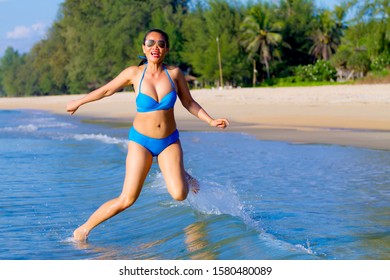 Woman Pretty Bikini Blue Jump On Stock Photo Shutterstock