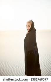 Woman Sandy Desert Black Arabic Dress Stock Photo Edit Now 1381769573