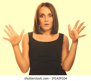 Surprised Excited Brunette Woman Throws His Stock Photo