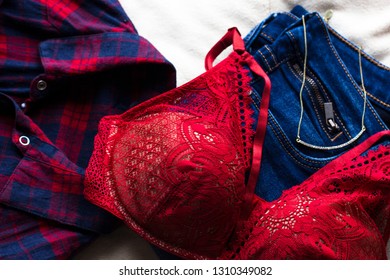 Womans Sexual Red Lingerie Jeans Shirt Stock Photo