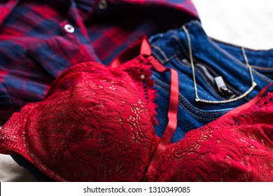 Womans Sexual Red Lingerie Jeans Shirt Stock Photo 1310349091