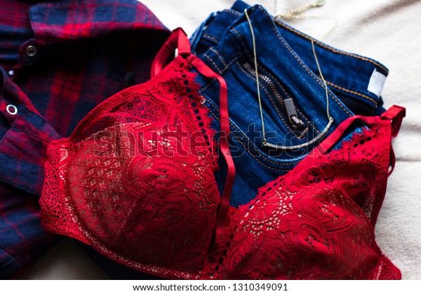 Womans Sexual Red Lingerie Jeans Shirt Stock Photo 1310349091