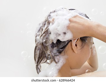 Women Washing Hair More Shampoo Bubbles Foto De Stock