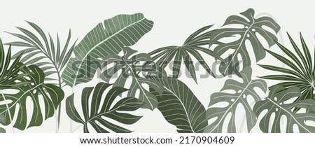 Abstract botanical vector background. Tropical plant wallpaper with foliage, palm, leaves, monstera in hand drawn pattern. Green watercolor botanical design for cover, prints, wall art, decorative.