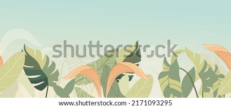 Abstract foliage and botanical background. Green tropical forest wallpaper of monstera leaves, palm, branches in hand drawn pattern. Exotic plants background for banner, prints, decor, wall art.