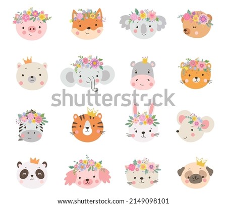 Animal princesses in crown. Floral crowns on princess, queen dog cat bunny and coala. Cartoon animals avatars, wild and pets faces nowaday vector stickers